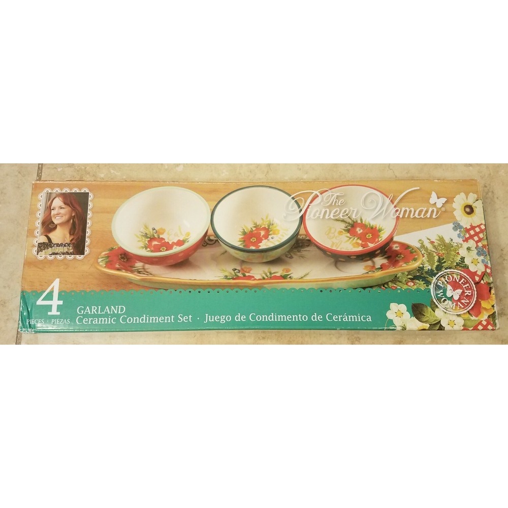 The Pioneer Women 4pc Garland Ceramic Condiment Set Serving Bowls‎ & Tray NEW